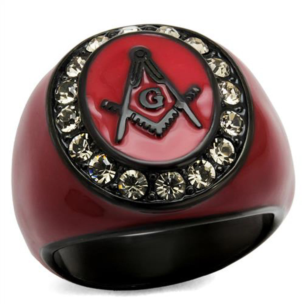 ARTK2638 Stainless Steel Red & Black Ion Plated Crystal Masonic Freemason Ring Sz 8-13